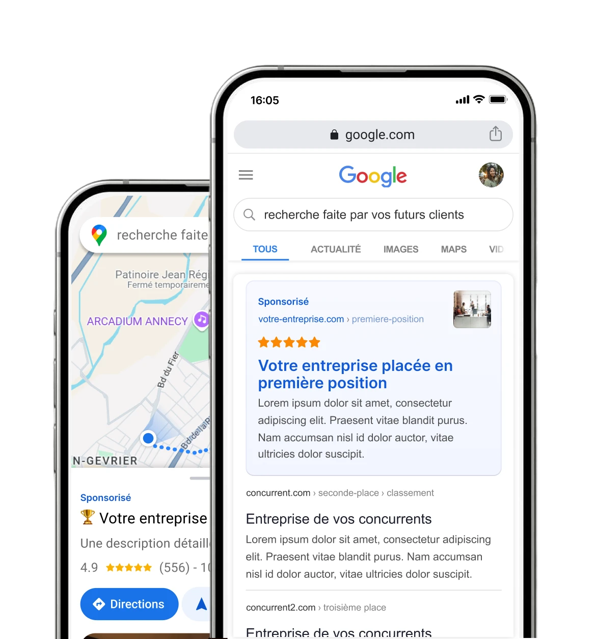 Deux téléphones montrant une recherche Google locale